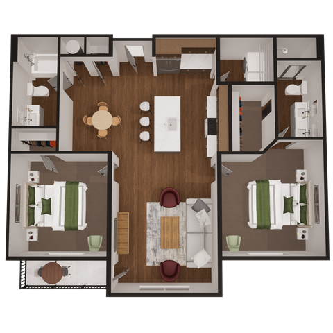 a floor plan of a 3 bedroom apartment with a large living room and a bedroom with a